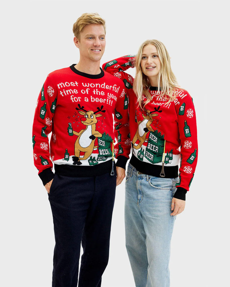 Pull de Noël Femme et Homme Couple Renne avec Ouvreur de Bière