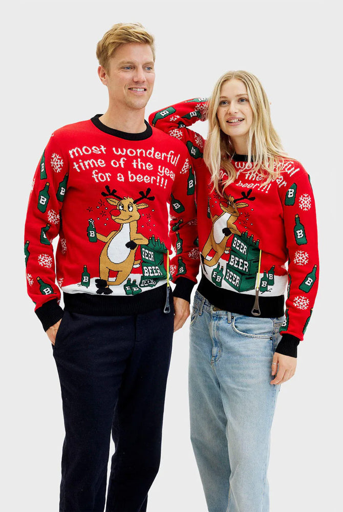 Pull de Noël Femme et Homme Couple Renne avec Ouvreur de Bière