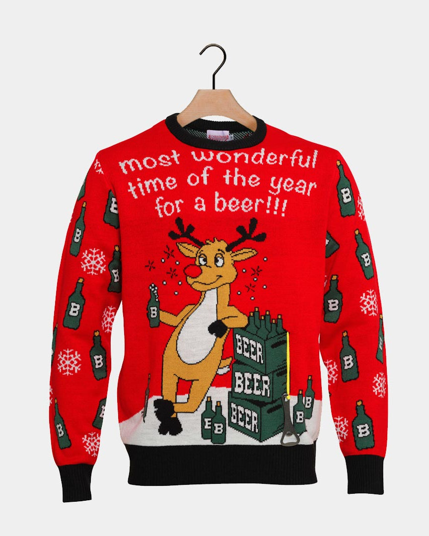 Pull de Noël pour Couple Renne Ouvreur de Bière