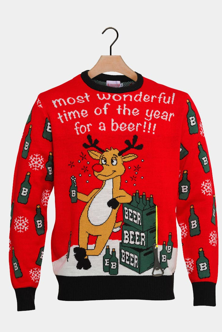 Pull de Noël pour Couple Renne Ouvreur de Bière