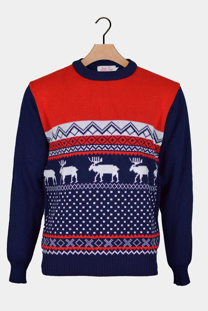 Pull de Noël pour Couple Rennes Rouge et Bleu Marine