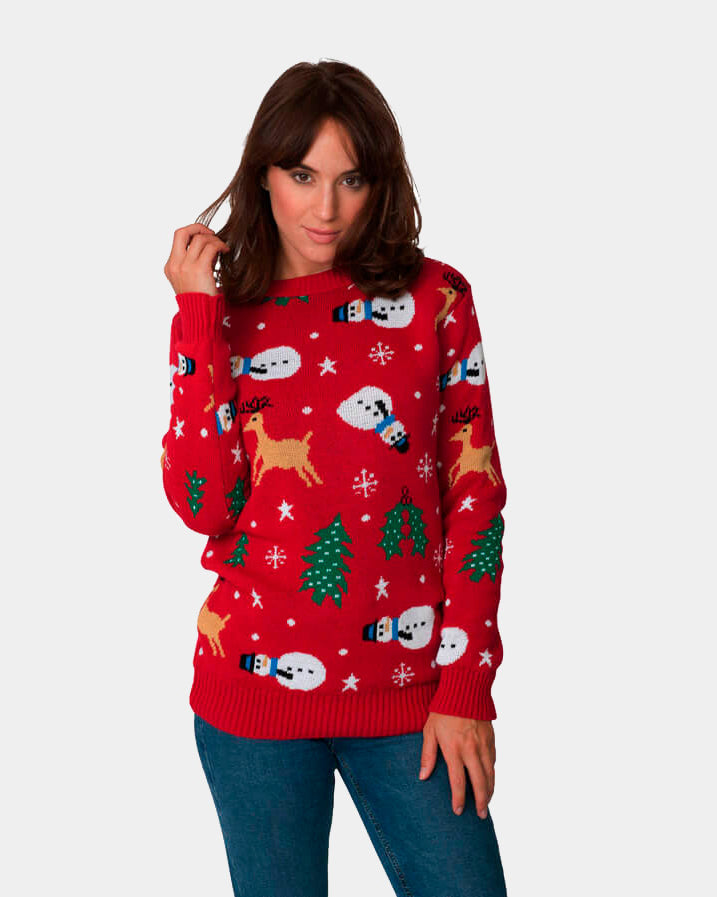 Pull de Noël pour Couple Rouge avec Bonhommes de Neige, Rennes et Sapins femme