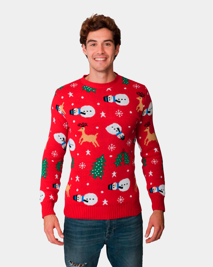 Pull de Noël pour Couple Rouge avec Bonhommes de Neige, Rennes et Sapins homme