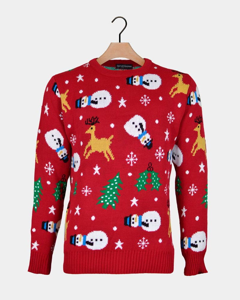Pull de Noël pour Couple Rouge avec Bonhommes de Neige, Rennes et Sapins
