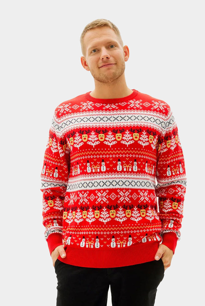 Pull de Noël pour Couple Rouge Bonhommes de Neige et Sapins Coton Bio homme