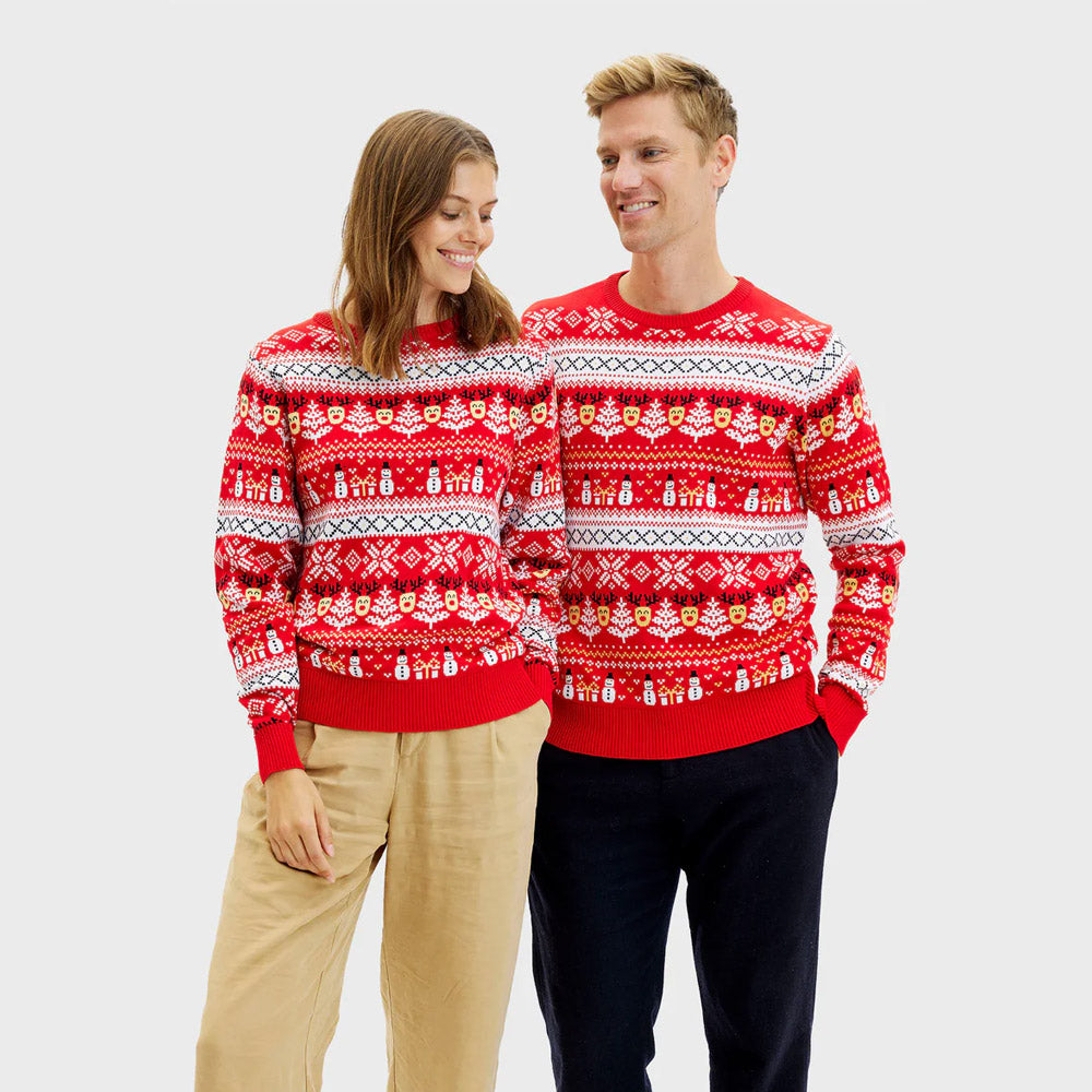 Pull de Noël Couple Rouge Bonhommes de Neige et Sapins Coton Bio
