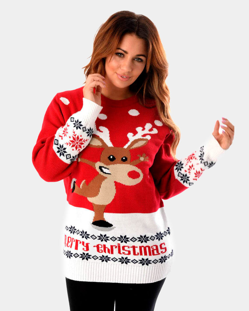 Pull de Noël pour Couple Rouge avec Renne Patinant femme