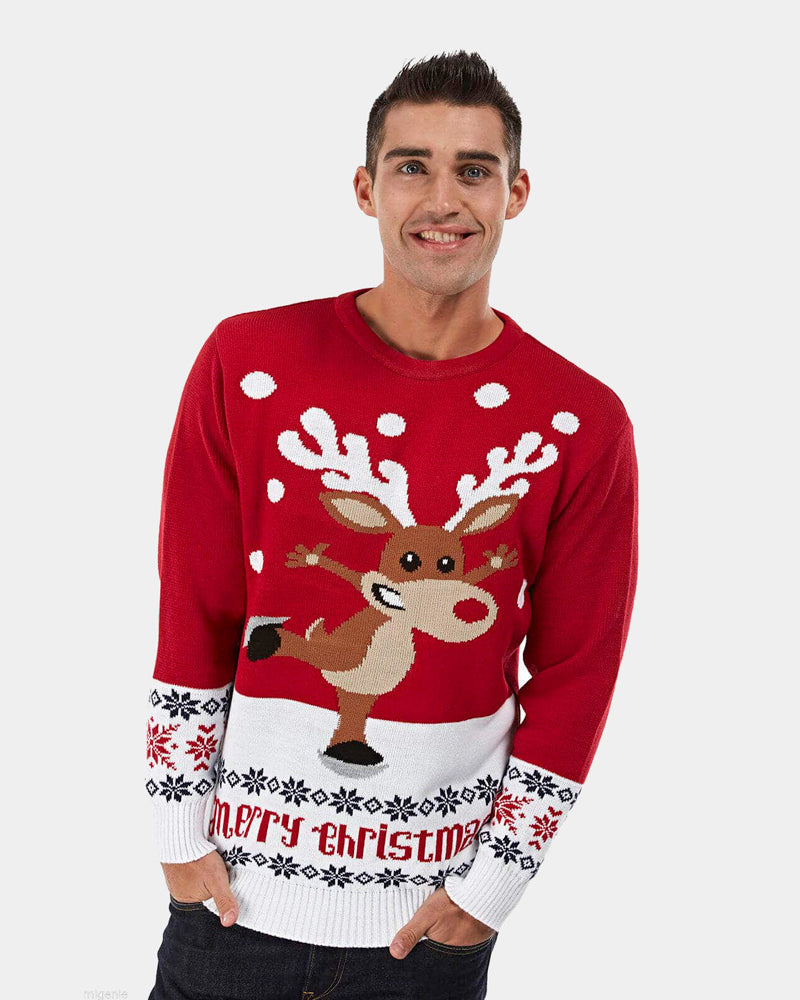Pull de Noël pour Couple Rouge avec Renne Patinant homme
