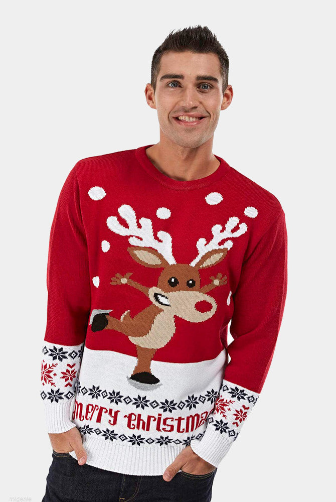 Pull de Noël pour Couple Rouge avec Renne Patinant homme