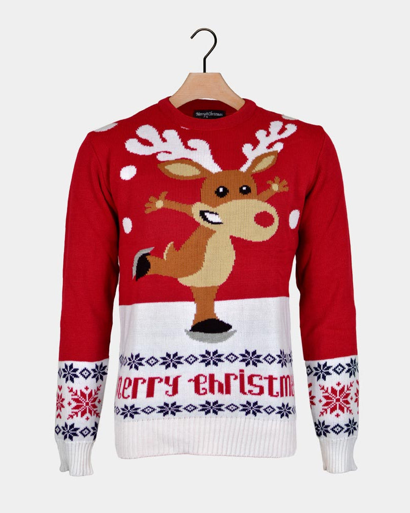 Pull de Noël pour Couple Rouge avec Renne Patinant
