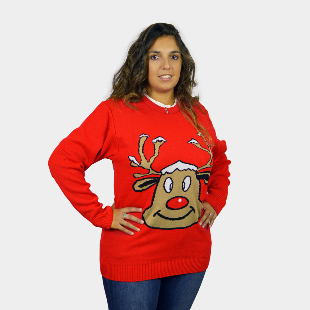 Pull de Noël pour Couple Rouge avec Renne Souriant femme