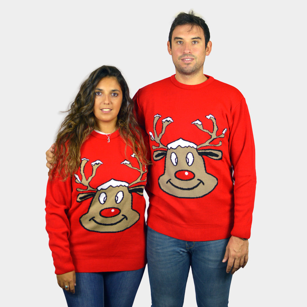 Pull de Noël pour Couple Rouge avec Renne Souriant