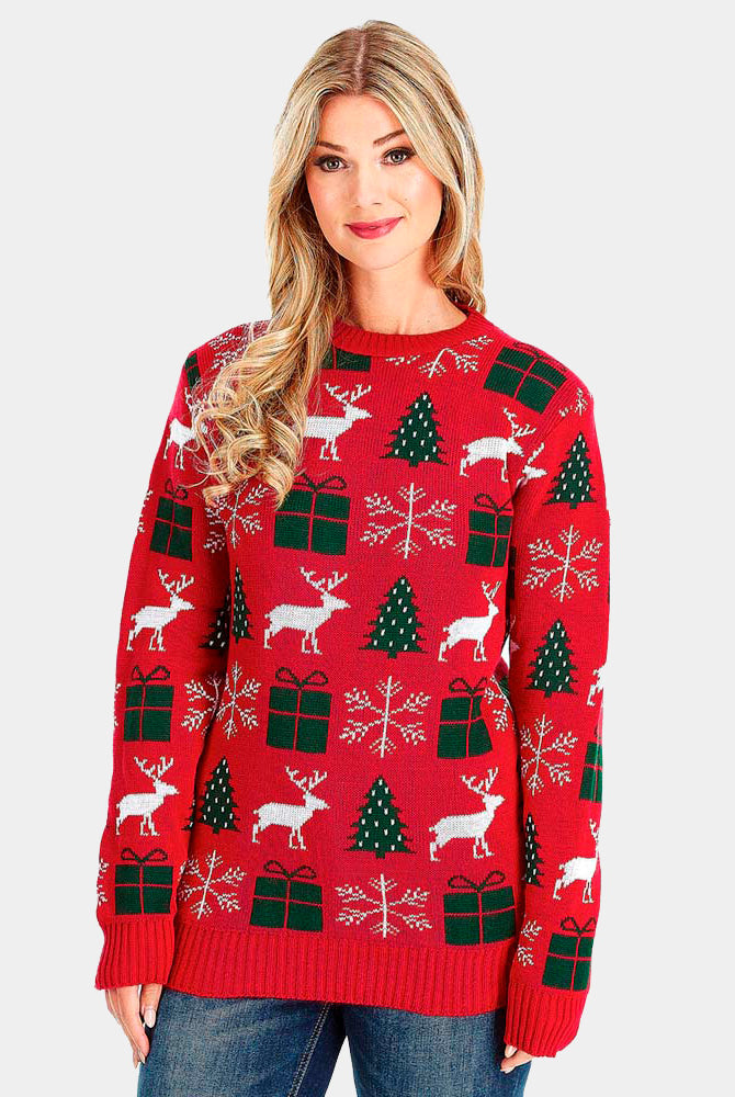 Pull de Noël pour Couple Rouge avec Rennes, Cadeaux et Sapins femme