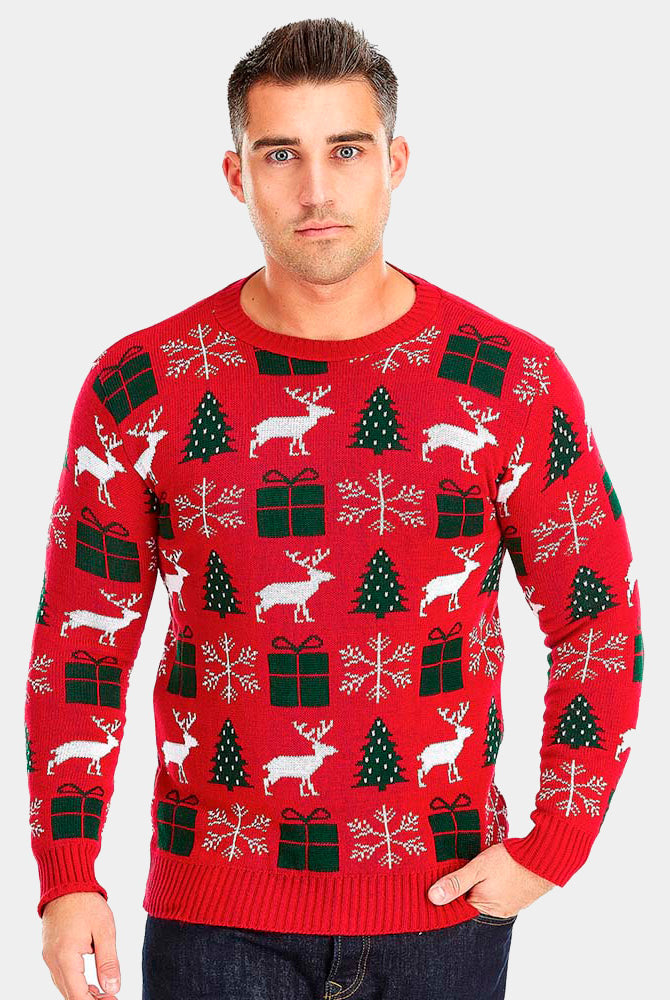 Pull de Noël pour Couple Rouge avec Rennes, Cadeaux et Sapins homme