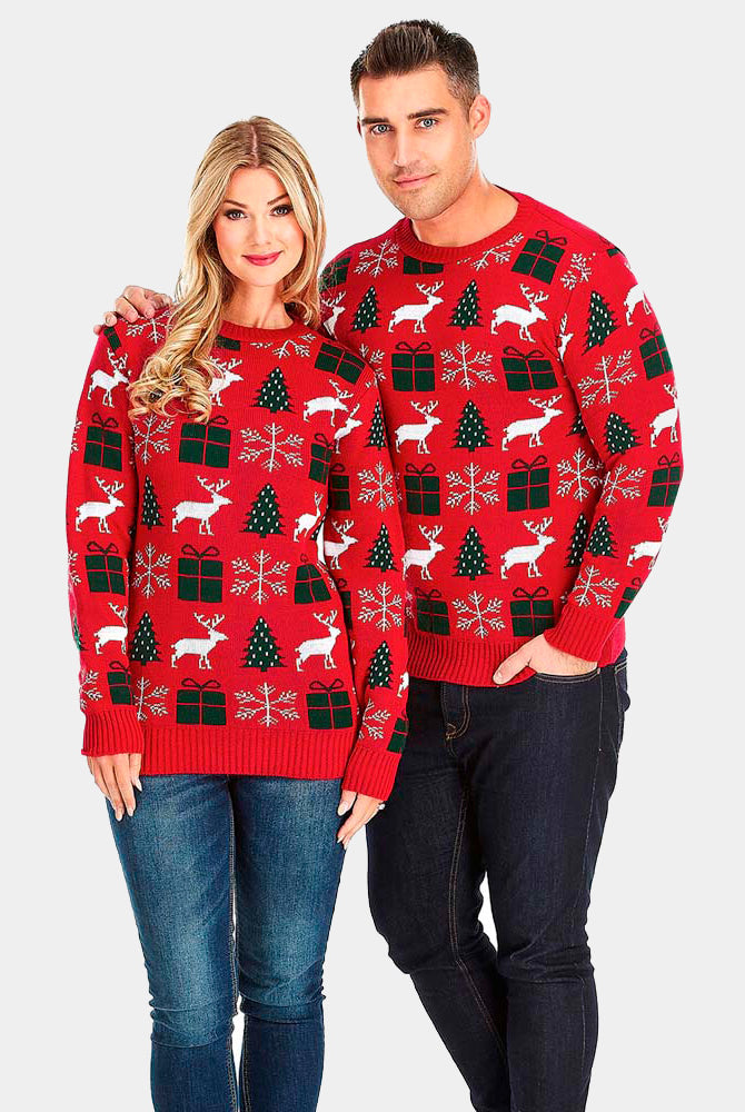 Pull de Noël pour Couple Rouge avec Rennes, Cadeaux et Sapins