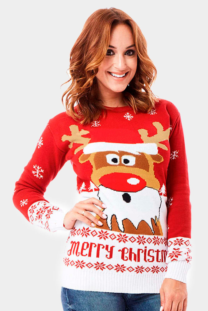 Pull de Noël pour Couple Rouge avec Rudolph le Renne femme