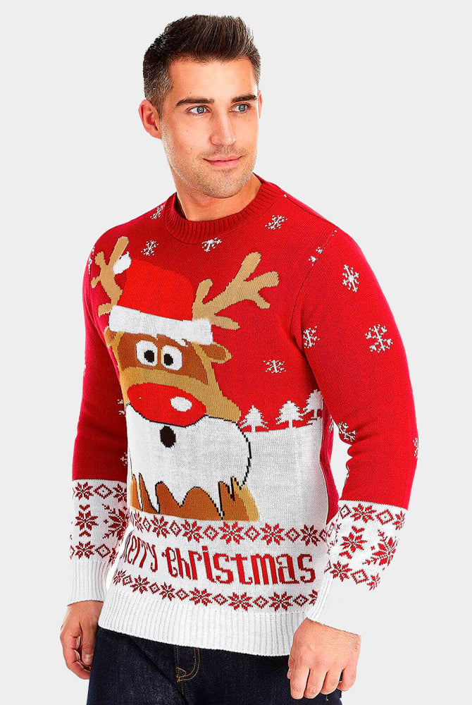 homme Pull de Noël pour Couple Rouge avec Rudolph le Renne