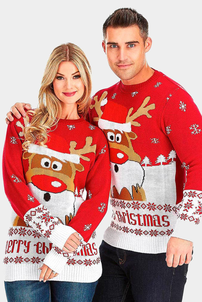 Pull de Noël pour Couple Rouge avec Rudolph le Renne
