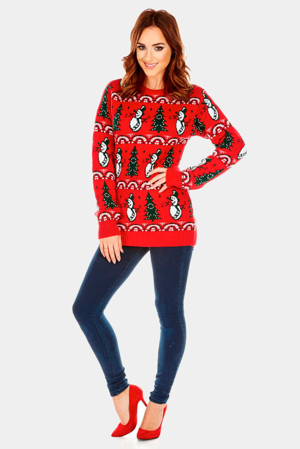 femme Pull de Noël pour Couple Rouge avec Sapins et Bonhommes de Neige