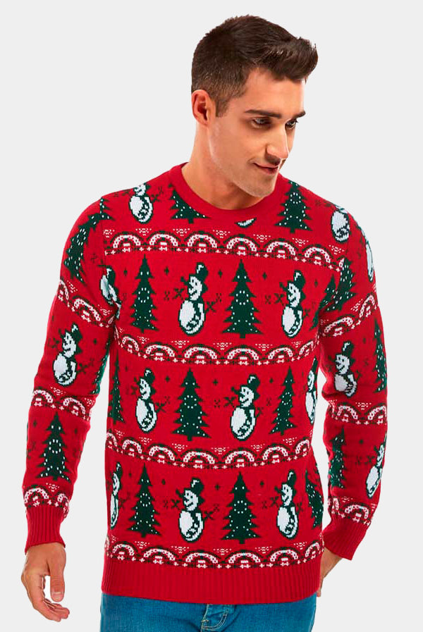 Pull de Noël pour Couple Rouge avec Sapins et Bonhommes de Neige homme