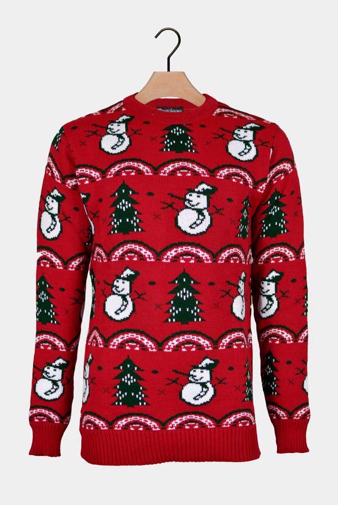 Pull de Noël pour Couple Rouge Sapins et Bonhommes de Neige
