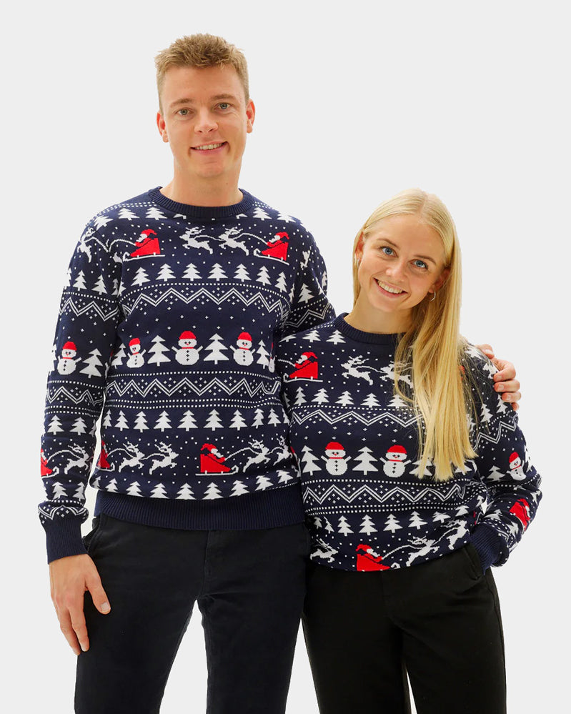 Pull de Noël pour Couple avec Sapins, Bonhommes de Neige et Père Noël Coton Bio