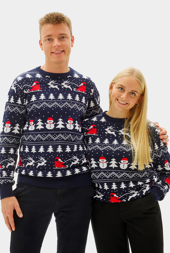 Pull de Noël pour Couple avec Sapins, Bonhommes de Neige et Père Noël Coton Bio