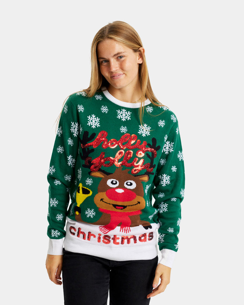 femme Pull de Noël pour Couple Vert Holly Jolly Sequins
