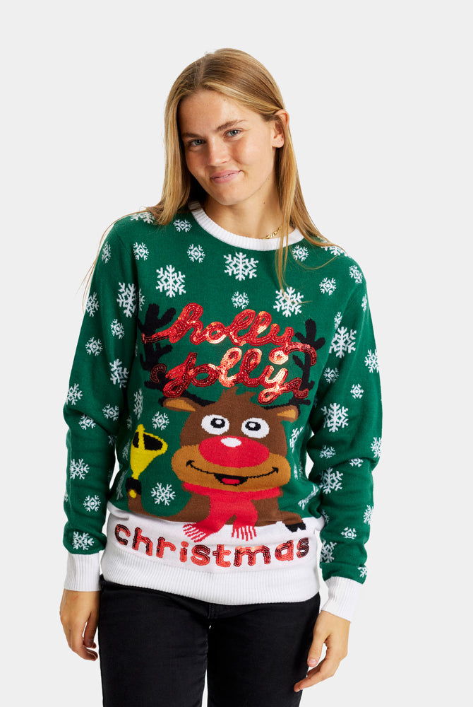 femme Pull de Noël pour Couple Vert Holly Jolly Sequins