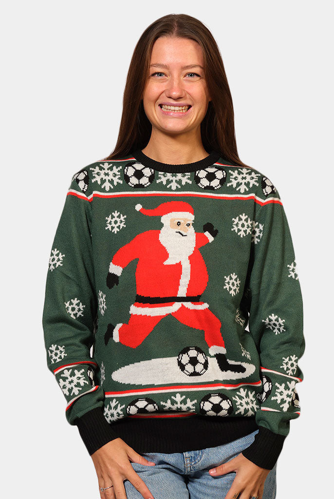 Pull de Noël pour Couple Vert Père Noël jouant au Foot femme