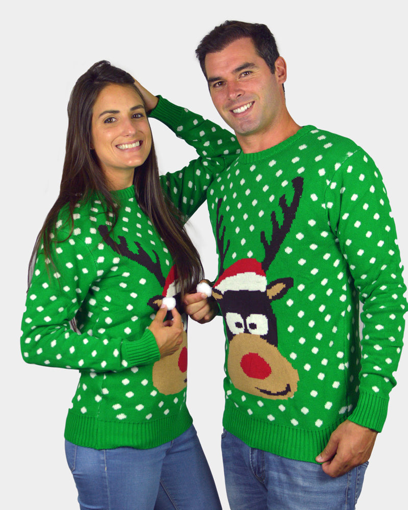 Pull de Noël pour Couple Vert Renne avec Bonnet de Noël 3D