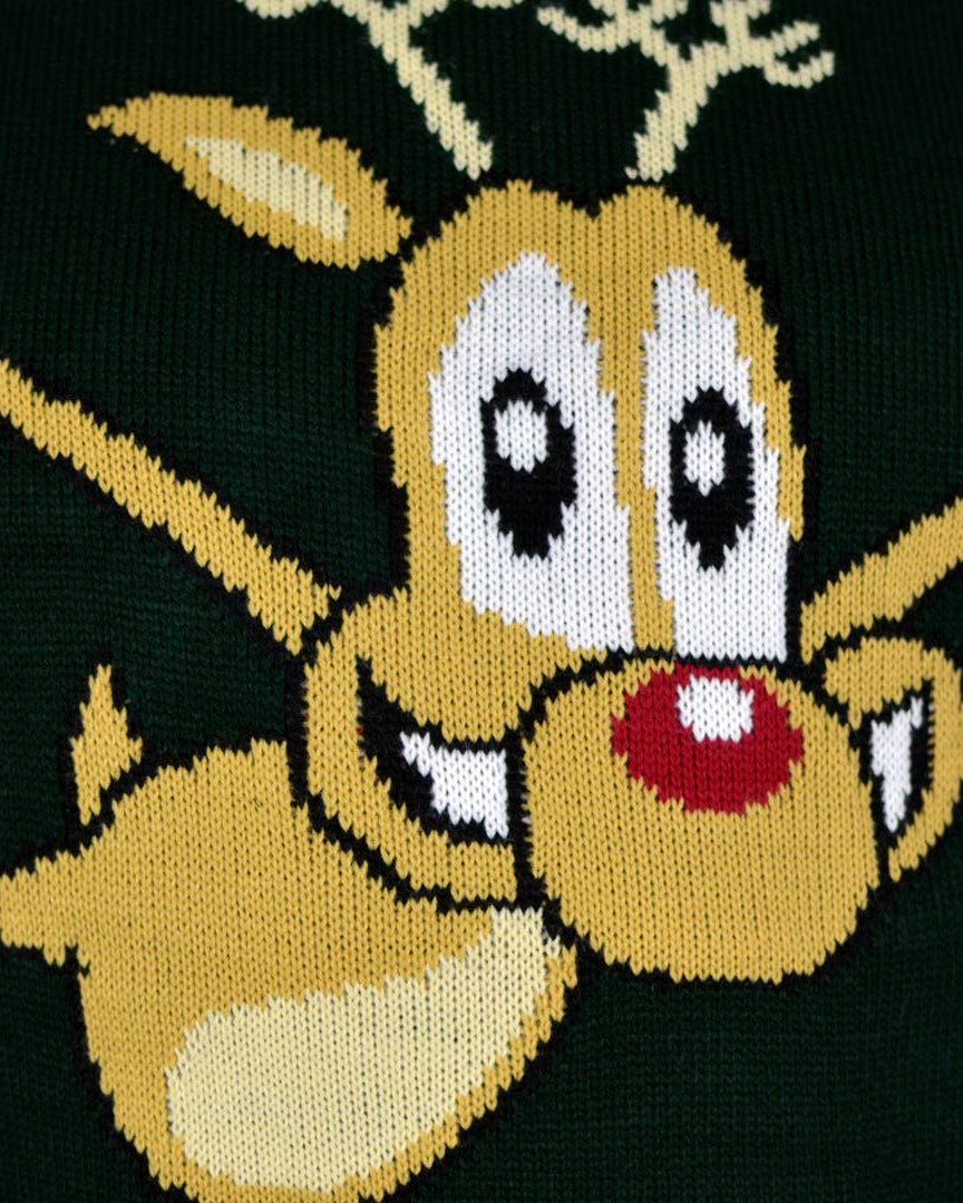 Pull de Noël pour Couple Vert avec Renne Patinant detail