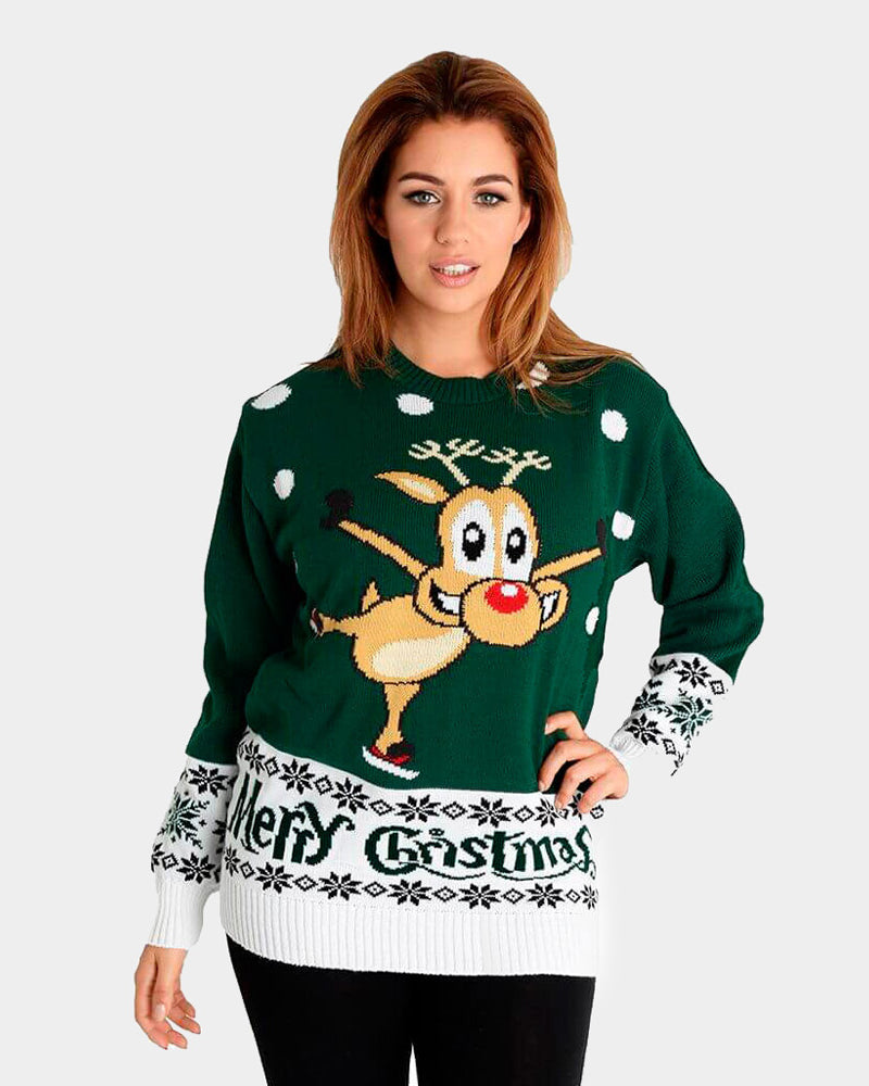 Pull de Noël pour Couple Vert avec Renne Patinant femme