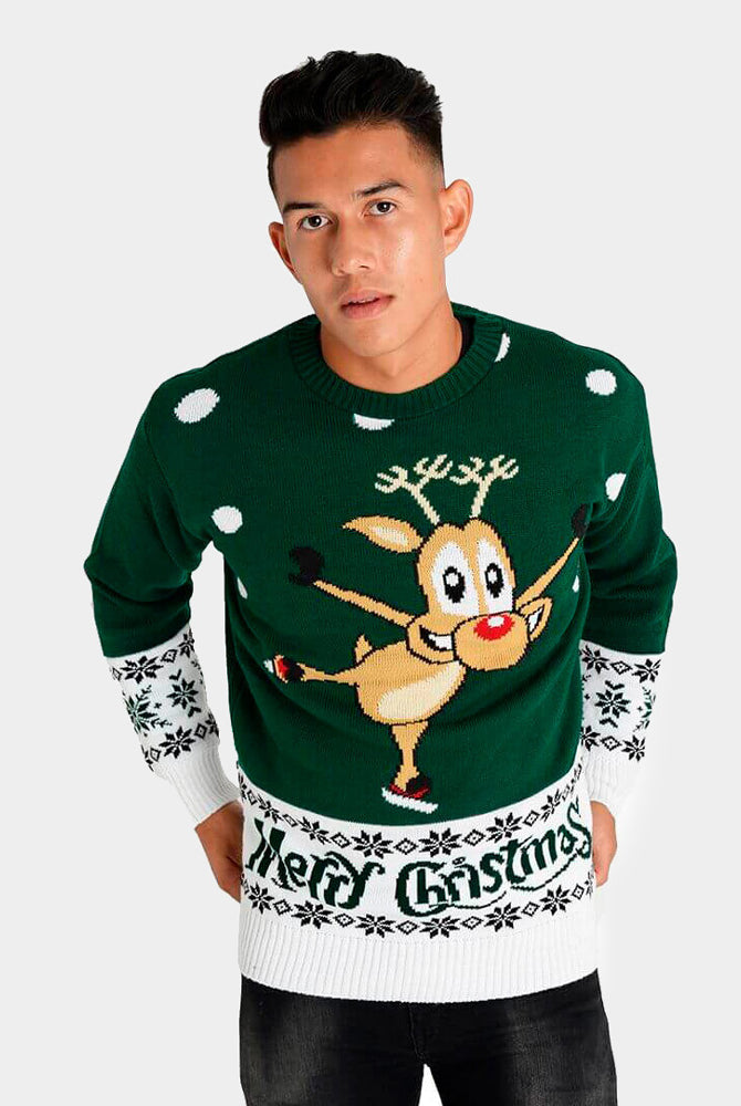 Pull de Noël pour Couple Vert avec Renne Patinant homme