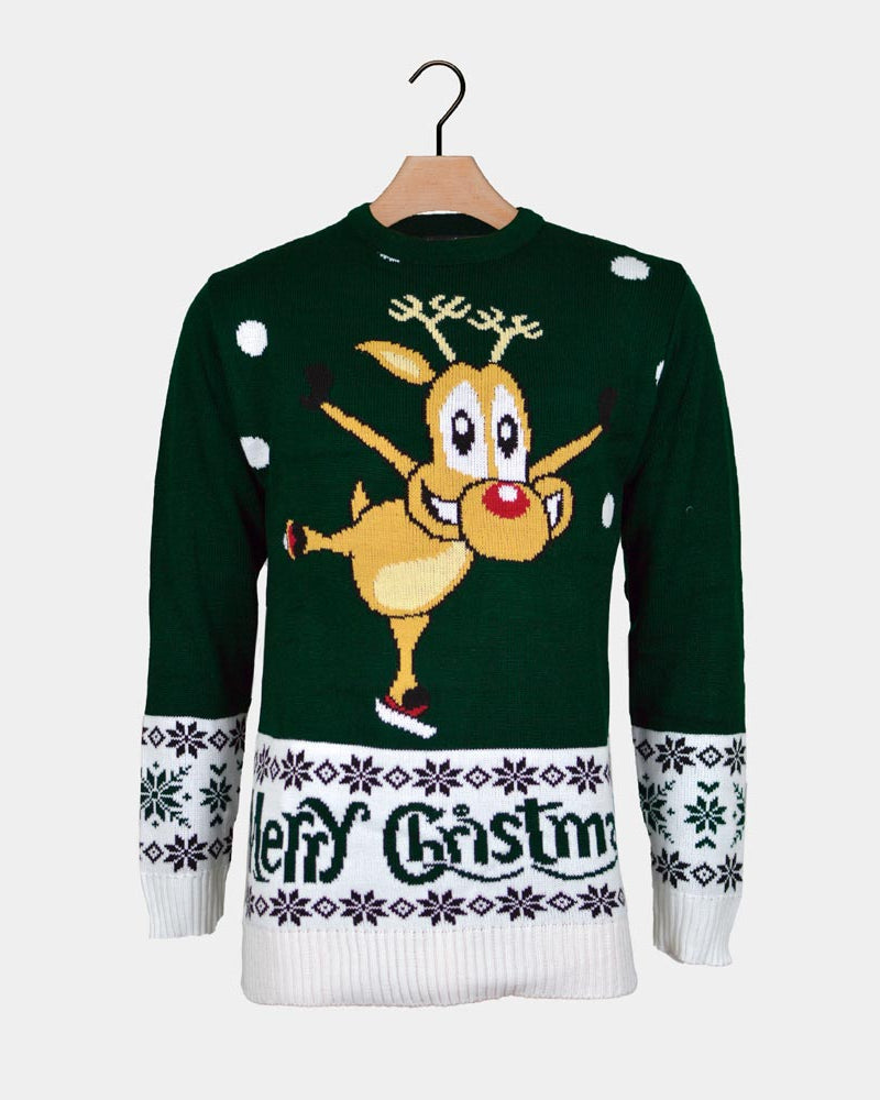 Pull de Noël pour Couple Vert Renne Patinant