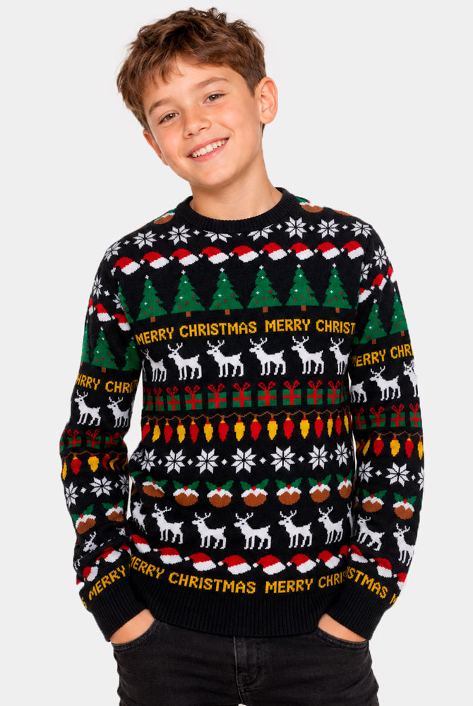 Pull de Noël pour Enfant Noir avec Sapins, Rennes et Cadeaux