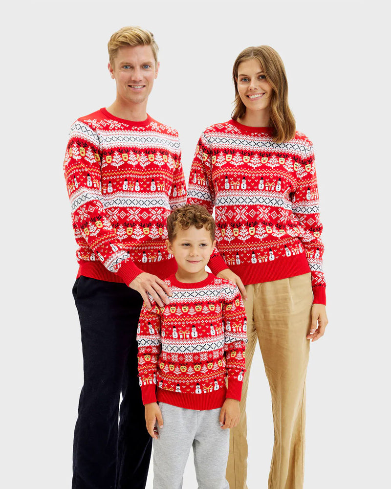 Pull de Noël Enfants Rouge Famille Bonhommes de Neige et Sapins Coton Bio