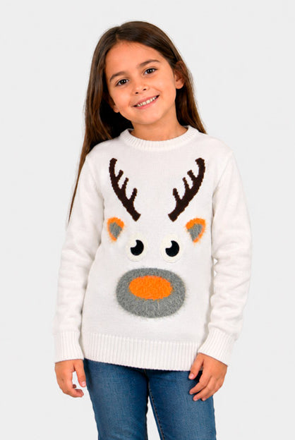 Pull de Noël pour Enfants Blanc avec Renne 3D Fille