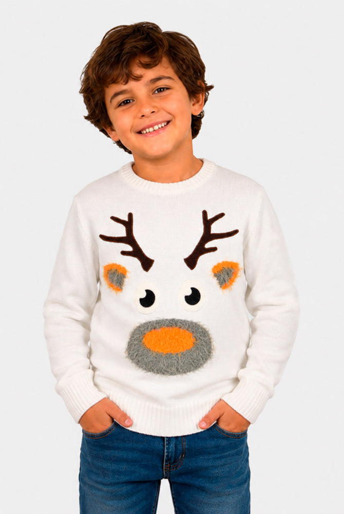 Pull de Noël pour Enfants Blanc avec Renne 3D Garçon