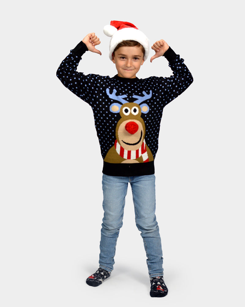 Pull de Noël pour Enfants Bleu Renne avec Nez Rouge 3D