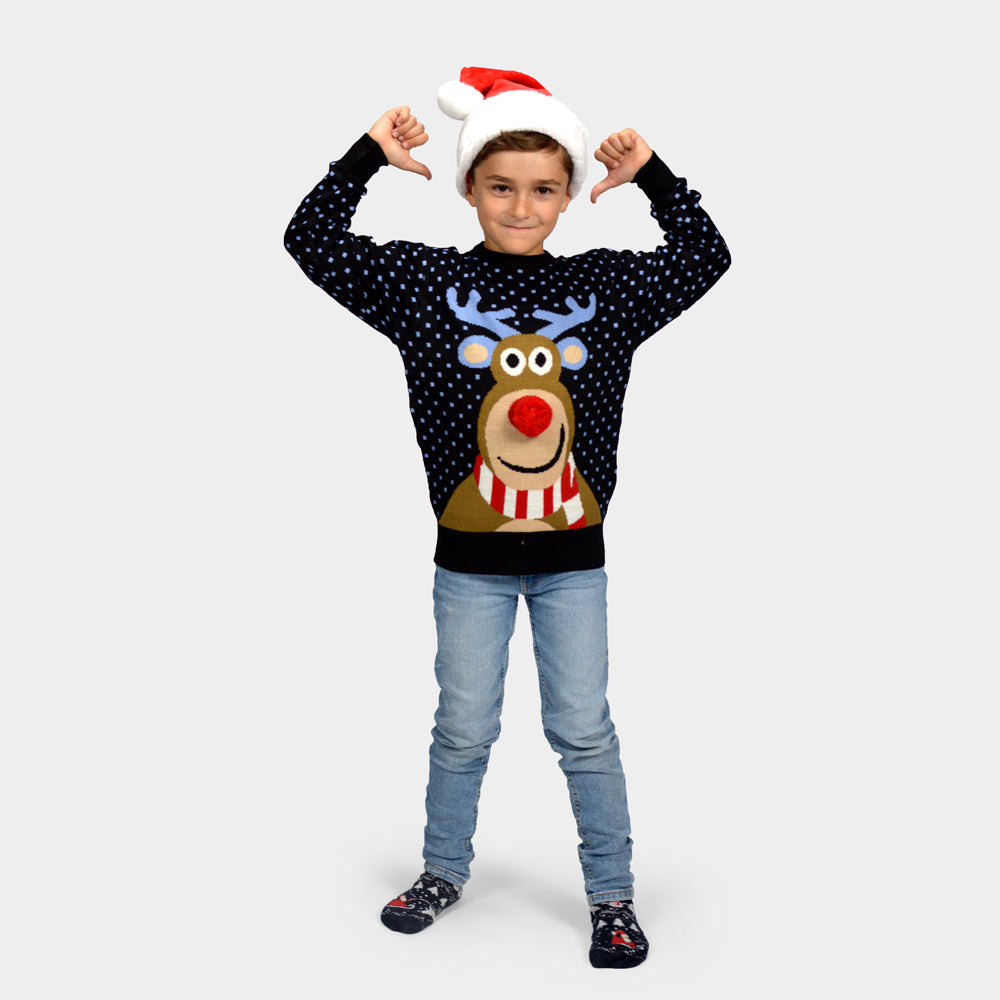 Pull de Noël pour Enfants Bleu Renne avec Nez Rouge 3D
