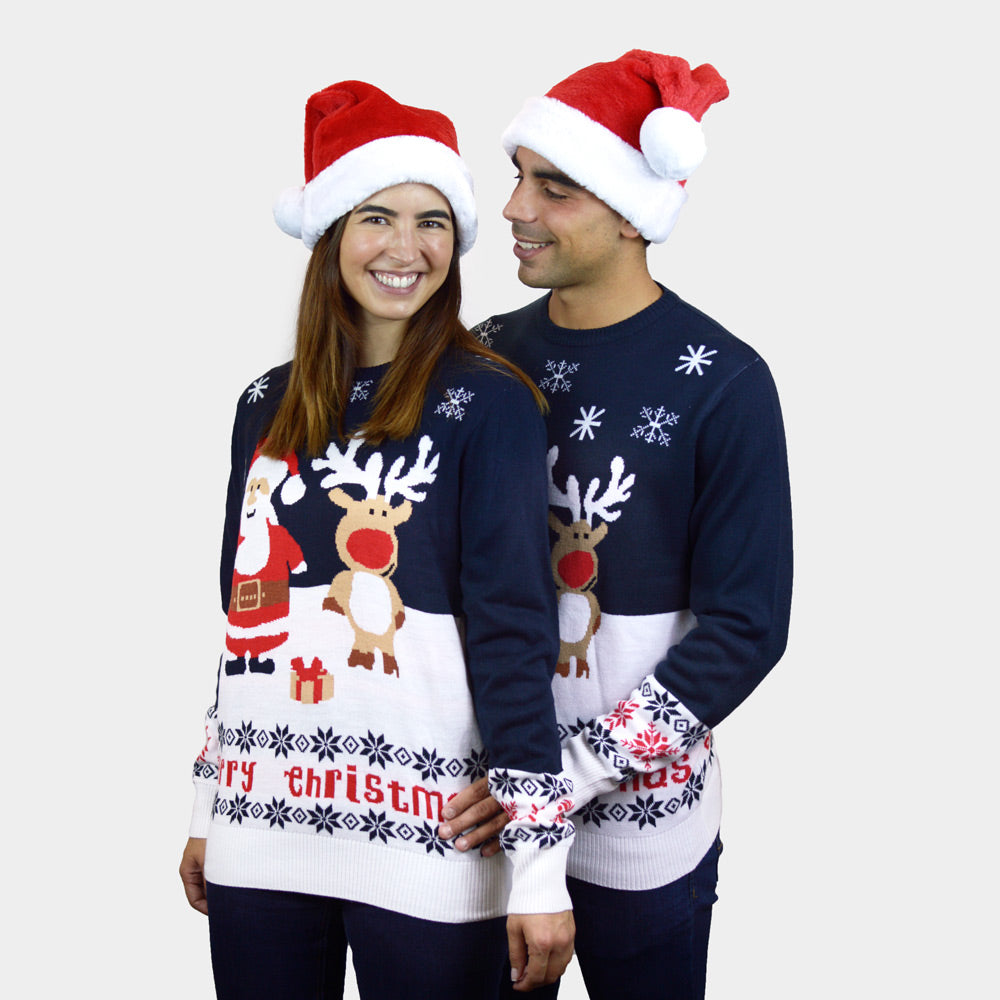 Pull de Noël pour Enfants Bleu Père Noël et Rudolph le Renne Couple Coton Bio