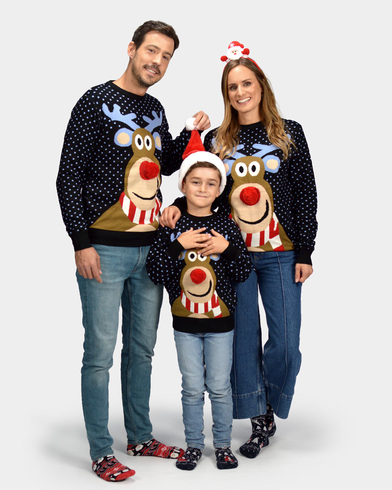 Pull de Noël Famille Enfants Bleu Renne avec Nez Rouge 3D