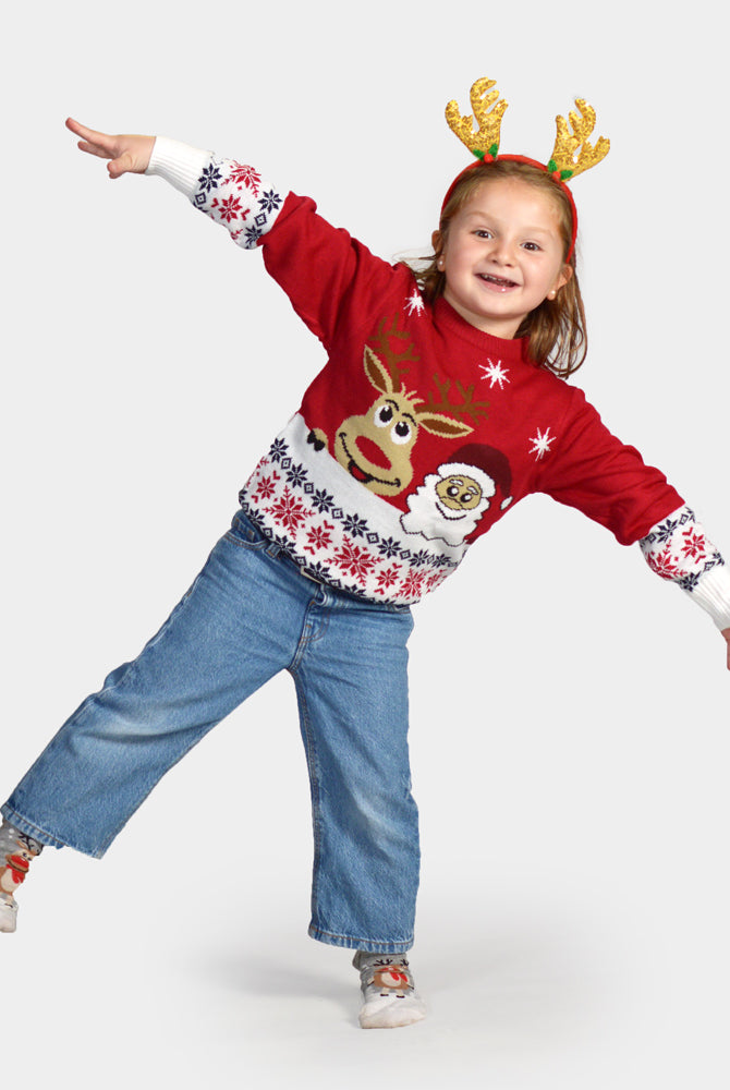 Pull de Noël pour Enfants Famille Noël et Renne Souriants
