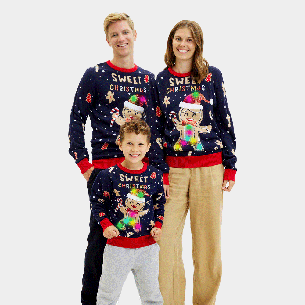 Pull de Noël Famille Enfants Lumineux LED Bleu Ginger Cookie