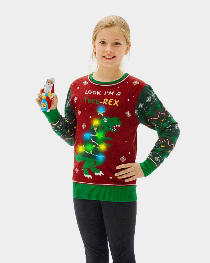 Pull de Noël pour Enfants Lumineux LED Christmas Tree-Rex filles