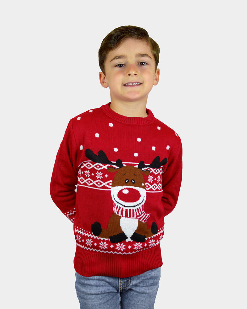 Pull de Noël Enfants Rouge Renne Rudolph Echarpe