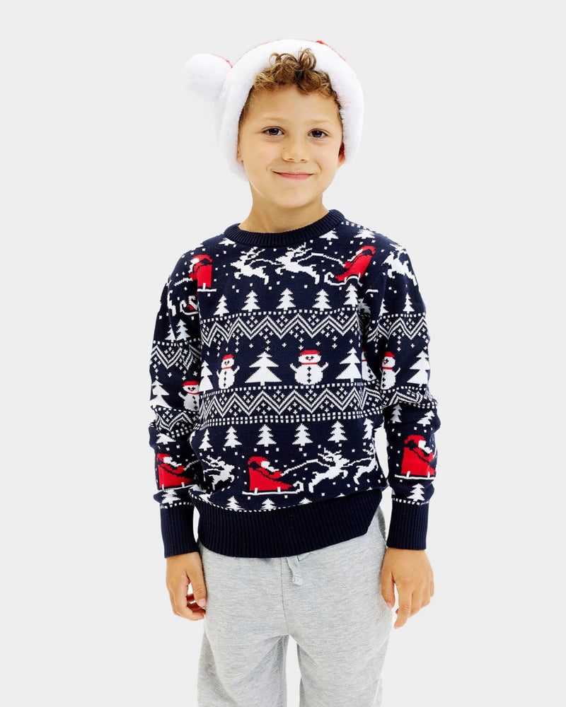 Pull de Noël Enfants Sapins, Bonhommes de Neige Père Noël Coton Bio
