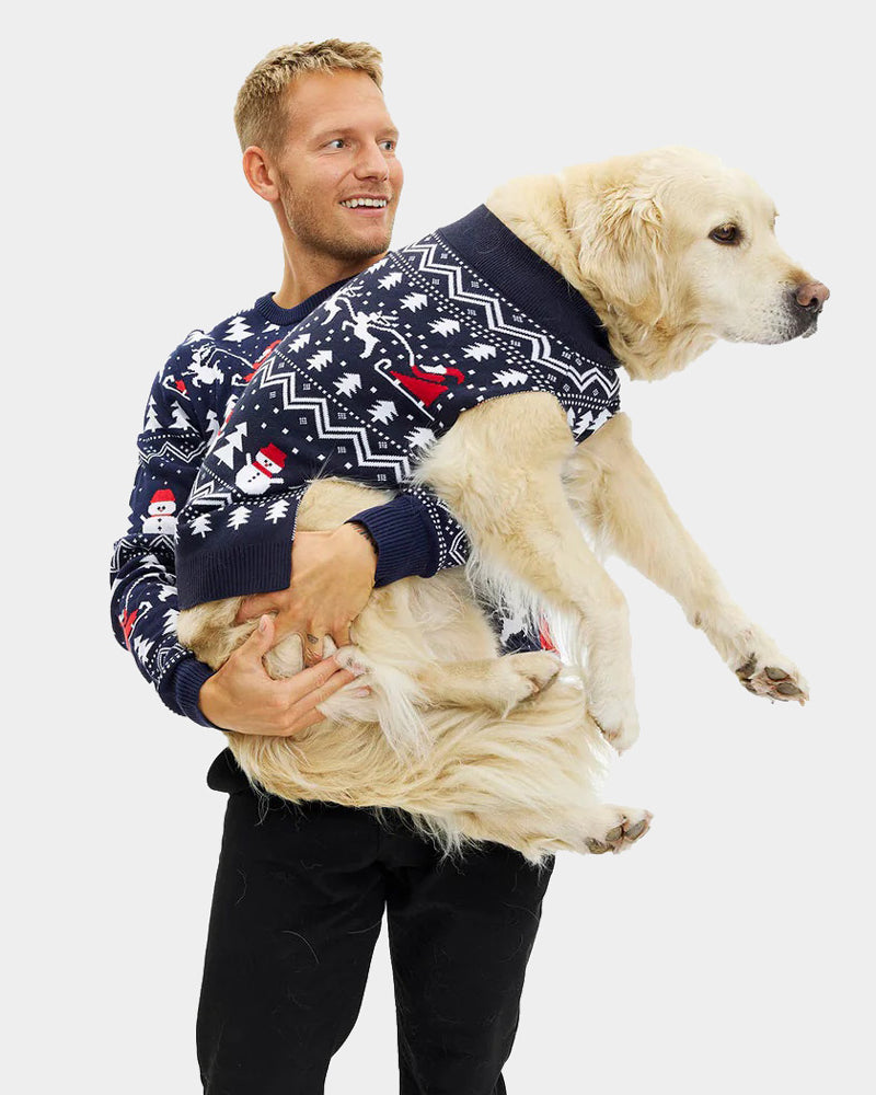 Pull de Noël Enfants Sapins, Bonhommes de Neige Père Noël Homme avec Chien