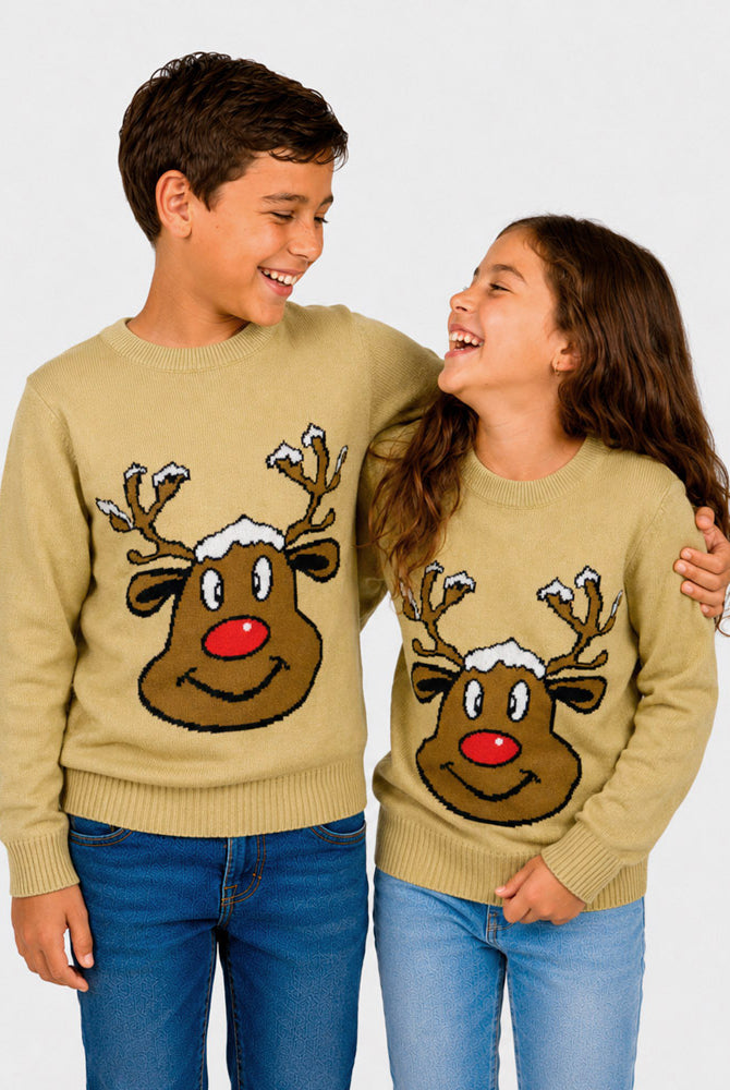 Pull de Noël famille Beige avec Renne Souriant enfants